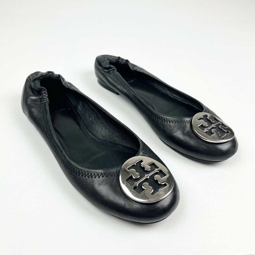 Tory Burch Minnie Women's Ballet Flats Black Silver Logo Shoes Size 7